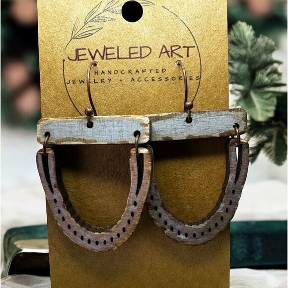 JEWELED ART Boho Chandelier Loop Wood Earrings Hand Painted Distressed - Picture 3 of 3